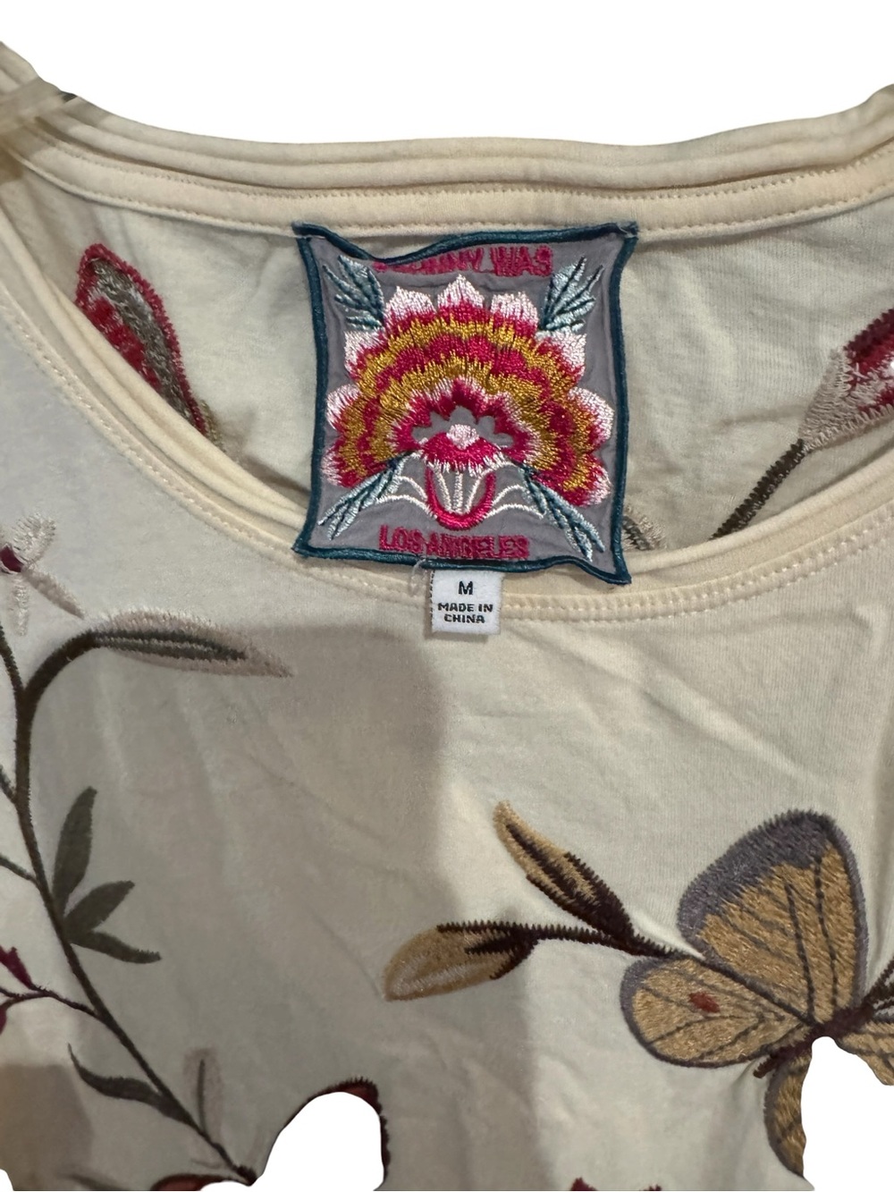 Johnny Was Cream Short Sleeve Tee with Embroidered Butterflies - Picture 4 of 4